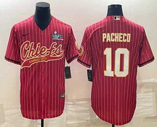 Men%27s Kansas City Chiefs #10 Isiah Pacheco Red Pinstripe With Super Bowl LVII Patch Cool Base Stitched Baseball Jersey